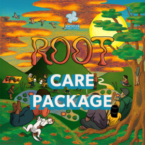 Illustration of diverse people engaging in outdoor activities in a forest under a sunset sky, with the text "root care package" prominently displayed.