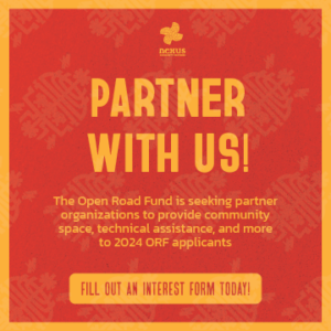 An flyer in red and gold tones featuring text "partner with us!" inviting organizations to provide community space, tech assistance, and more, with a call to action to fill out a form.